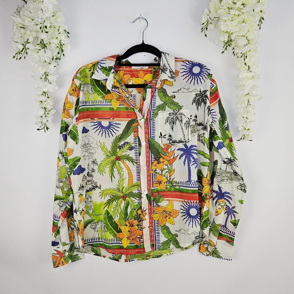 Lucky & Coco Cotton Button Down Shirt Boho Tropical Palm Tree Vacation Sz Small